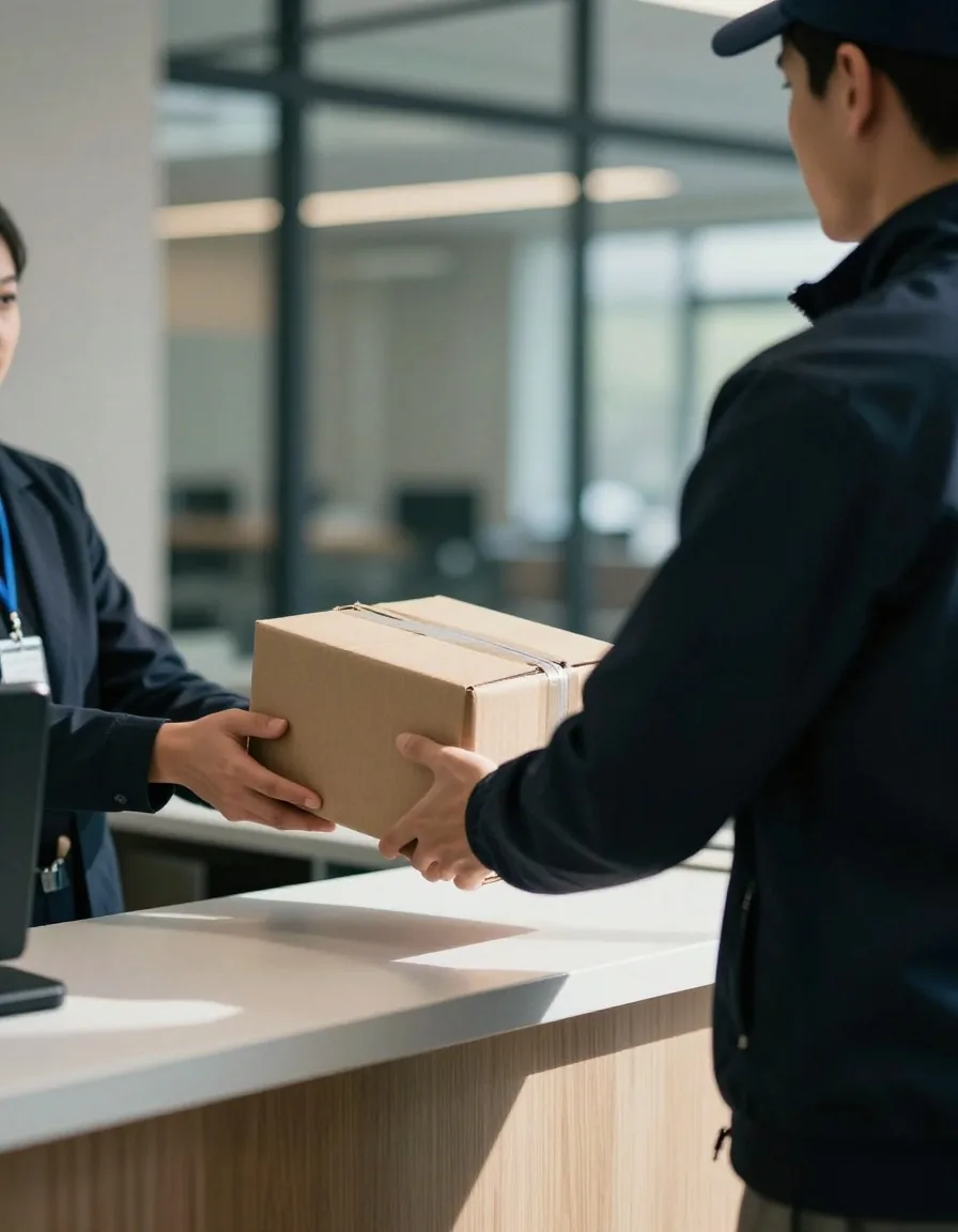 A courier seen from behind handing a sealed parcel across an office lobby counter