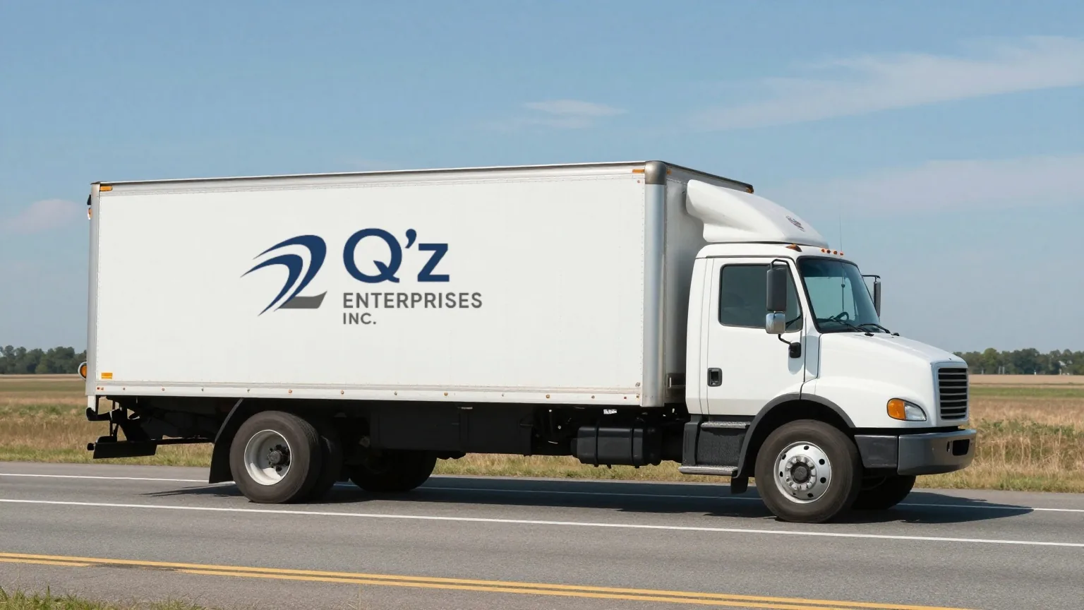 A white QZ Enterprises box truck seen side-on, driving along an open two-lane highway under a clear sky